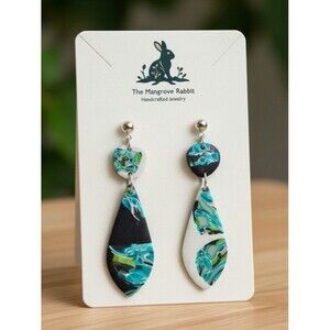 Handmade Black, White, Blue & Green Large Polymer Clay Dangle Earrings SS Posts